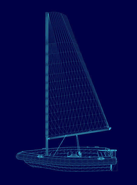 蓝色帆船在蓝色背景中展示。这艘帆船是一个3D模型，呈现蓝色。图片下载