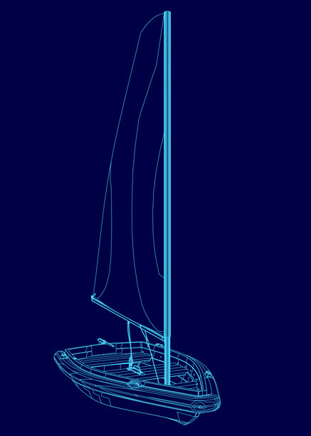 蓝色帆船在蓝色背景中展示。这艘帆船是一个小模型，蓝色背景突显了船的颜色。图片下载