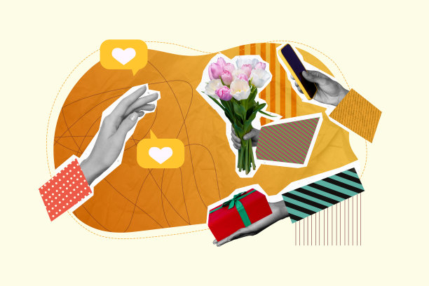 生日惊喜的照片横幅拼贴，展示人们为某人准备礼物盒、花束和智能手机，背景为黄色。图片下载