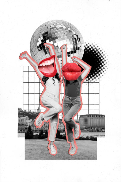 垂直的独特照片拼贴，黑白效果，两位年轻女孩在街头俱乐部派对上跳舞，周末尽情玩乐，微笑着，背景创意十足。图片下载