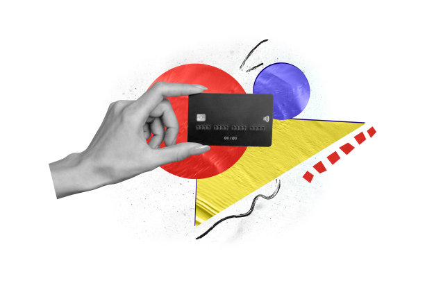 黑白照片拼贴，手持信用卡的消费者在市场商店进行电子支付，白色背景。图片下载