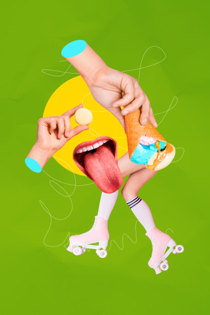 垂直照片拼贴，匿名女孩的身体是冰淇淋甜筒，穿着滑轮溜冰鞋，周围是马卡龙和甜点，背景为涂鸦风格。图片下载
