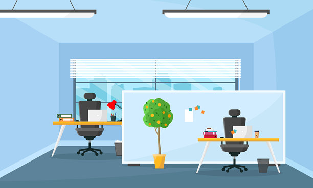 办公室内部。带隔断的工作区。橱柜。商业房地产。图片下载