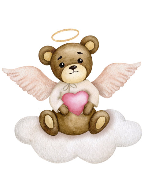 可爱的天使形状的泰迪熊手捧心形坐在云朵上。适合情人节、生日和婴儿洗礼的构图。水彩插图，背景为白色。图片下载