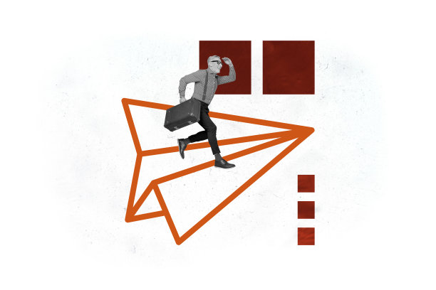 创意图片拼贴横幅，复古商人手持公文包，站立着放飞手工纸飞机，白色背景图片下载