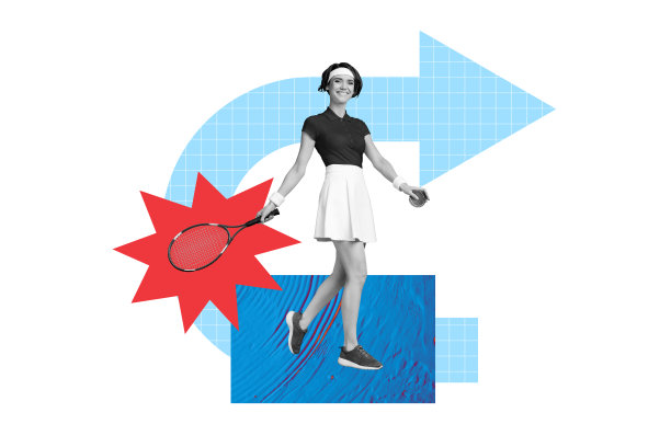 快乐微笑的年轻运动女孩穿着制服在创意背景下打网球和羽毛球，横向照片拼贴。图片下载