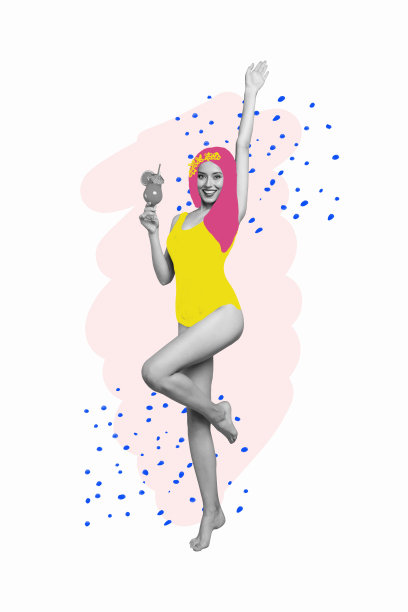 穿着黄色泳衣的异国风情热带鸡尾酒在白色背景上悠闲地垂直照片拼贴图片下载