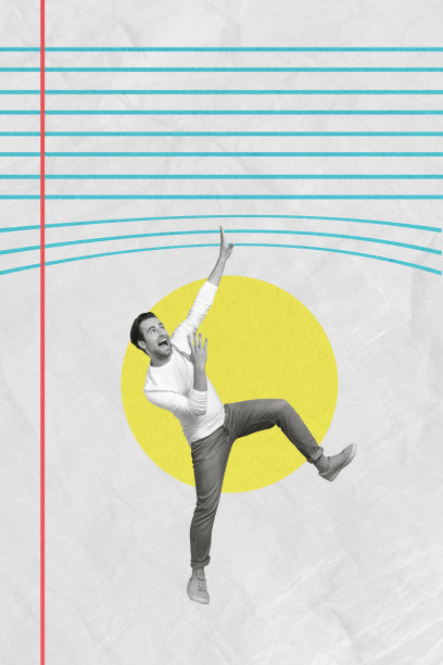 一张垂直的照片拼贴，展示一个害怕的微型人站在复写纸条纹之间，用手拍打纸张纹理背景上的线条。图片下载