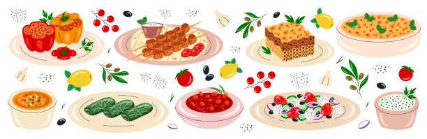 希腊美食系列，包括帕斯提齐奥、穆萨卡、葡萄叶包饭、烤肉串、炖牛肉、填充蔬菜、希腊沙拉、奶酪辣酱和酸奶黄瓜酱。矢量插图图片下载