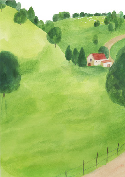 水彩画的高原风景与红屋顶房子图片下载