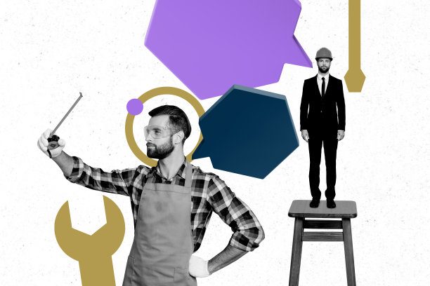 商业团队合作目标发展的复合趋势艺术草图图像照片拼贴，年轻男性工人穿着修理工制服，手持工具。图片下载