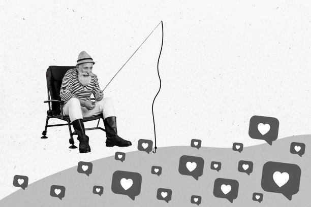 穿着搞笑帽子的老年渔民坐在椅子上，试图像按钮一样捕捉更多的关注，拼贴照片，背景为白色。图片下载