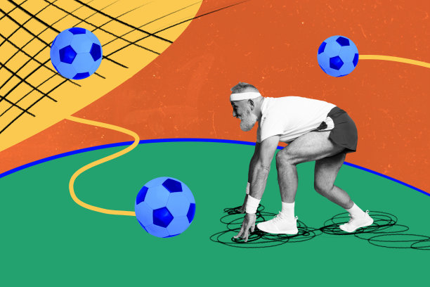 运动健身的老年男性教练足球比赛的3D照片拼贴艺术作品，包含守门员和足球。图片下载