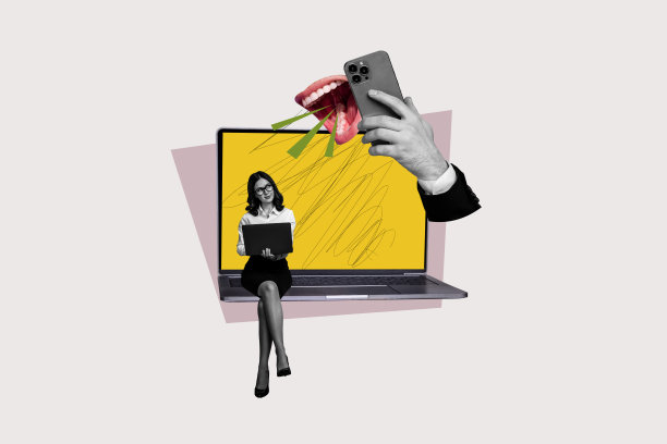 快乐女孩自由职业者坐在笔记本电脑前，头部缺失的老板在电话中大喊斥责，独立于涂鸦背景的拼贴照片。图片下载