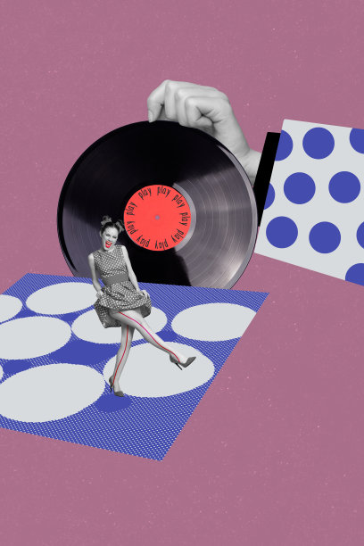 活动休闲夜晚的拼贴艺术照片，年轻女士手持黑胶唱片，复古风格跳舞，享受无忧无虑的周末。图片下载
