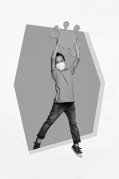 创意照片3D拼贴艺术明信片海报，描绘一个小男孩在画背景中捕捉猴痘病毒的孤立场景。图片下载