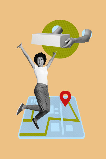 年轻女性手持盒子，远程下单快递服务，3D草图艺术作品照片拼贴，显示客户地图路线。图片下载