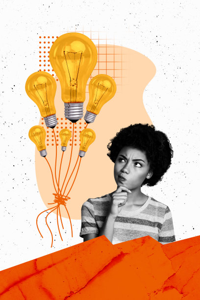 垂直照片拼贴，展示一位思考决策的美国女孩，脑海中闪现出灯泡般的创意，气球模仿，背景为涂鸦风格。图片下载