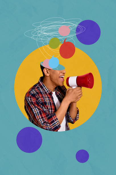 快乐的美国男子手持扩音器，半张脸的泡泡沟通，隔离在涂鸦背景上的竖版照片拼贴。图片下载