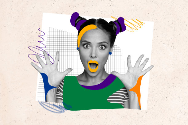 震惊的女孩的拼贴照片，棕色头发，五彩缤纷的发髻，沙龙疗法发型，发型师，背景为涂鸦风格。图片下载