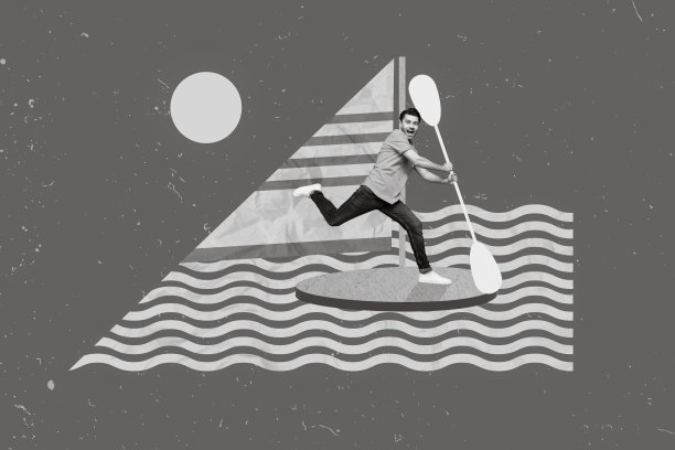 年轻帅气的运动男孩在大海浪上冲浪的创意3D拼贴艺术明信片海报图片，背景为绘画风格。图片下载