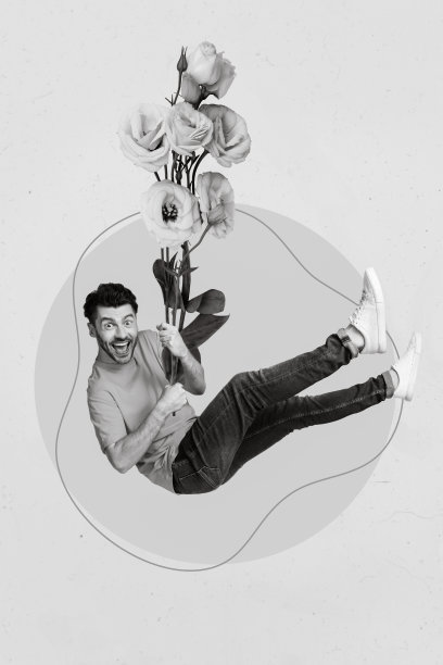 简约风格的照片拼贴艺术，搞笑的时尚男士悬挂花束，背景为素描风格。图片下载