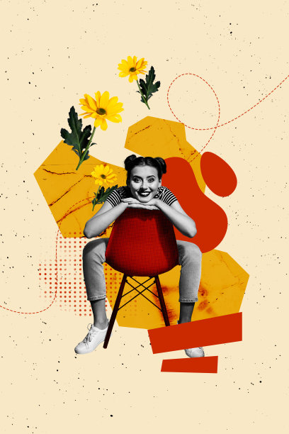 模板海报趋势艺术作品 3D 照片拼贴，年轻女士坐在扶手椅上，微笑的表情，可爱的花朵，自然，春夏季节图片下载