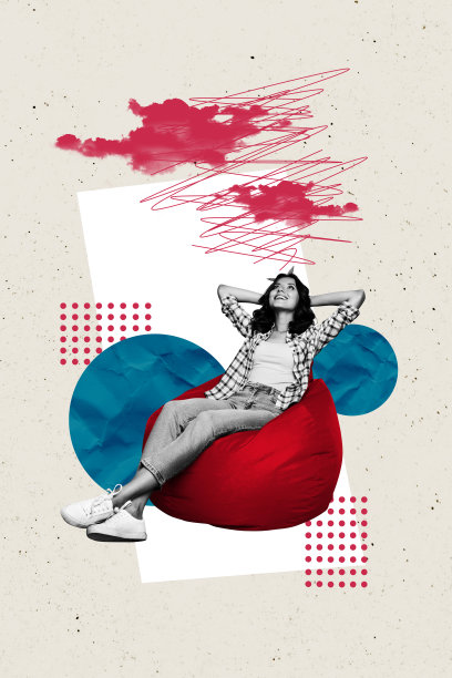 复合趋势艺术作品草图，3D照片拼贴，年轻女士坐在豆袋椅上，工作笔记本电脑，想象梦想，放松休息，复古风格。图片下载