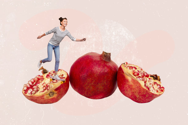美食营养师的模板草图趋势艺术照片拼贴，饥饿的年轻女性走在美味的石榴水果旁。图片下载