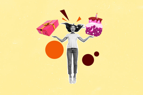兴奋的生日女孩跳跃着，礼物、蛋糕和惊喜的周年庆祝活动的拼贴照片，背景为涂鸦风格。图片下载