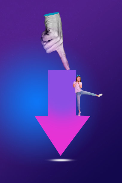 3D照片拼贴模板趋势艺术作品草图，经理人力资源，向下箭头，危机，手指指向，站立的小个子女性图片下载
