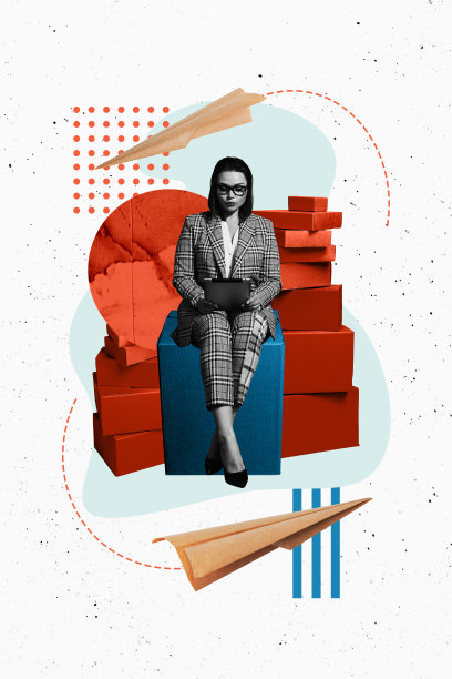 严肃的女孩邮递员在涂漆背景前，站在一堆纸箱货物中，手持电子书阅读器的竖版照片拼贴。图片下载