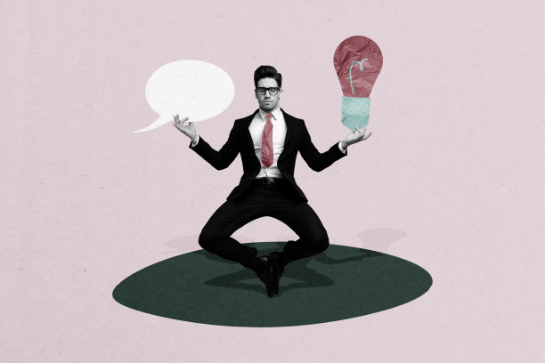 专注的商人冥想的复合照片拼贴，灯泡象征着力量、创意和战略，气泡对话，背景为涂鸦风格。图片下载