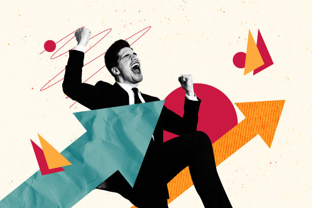 年轻男商人实现目标的综合趋势艺术草图照片拼贴，手握拳头姿势，箭头指示方向。图片下载