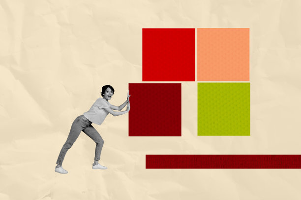 年轻女性微笑着走动，拉着立方体，展示招聘职业的3D照片拼贴模板设计。图片下载