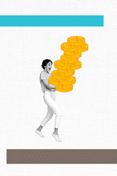 年轻女士手牵手走在一起，堆满硬币的3D照片拼贴，象征着预算、财务、收入、储蓄和成功。图片下载