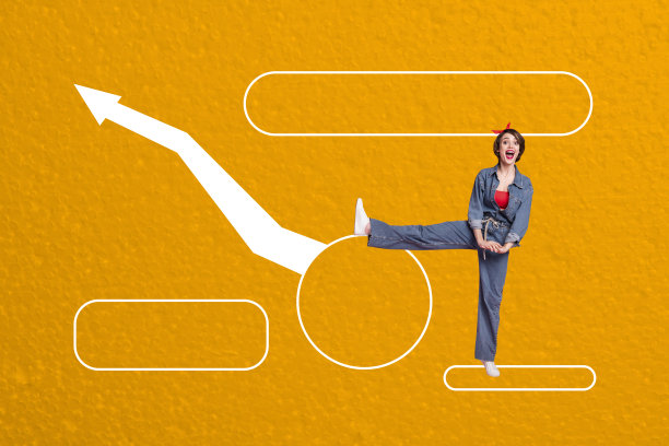 3D照片拼贴艺术作品，展示图表、图形、交易者成功目标、数据和向上箭头，年轻女性以复古风格展现成功。图片下载