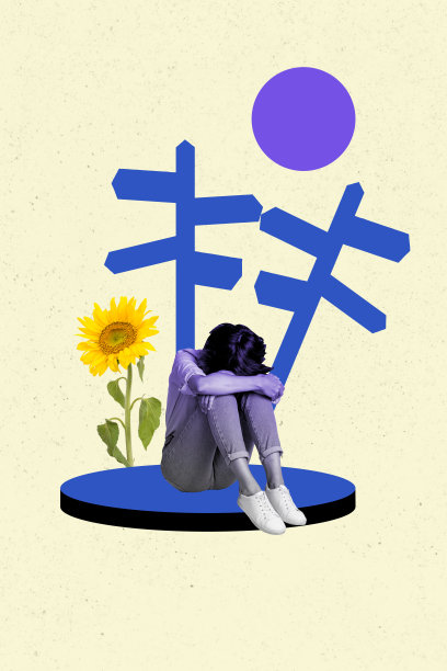 垂直照片拼贴，失落的女孩哭泣，指示牌，向日葵盛开，决策，搬迁，游客，孤立在涂鸦背景上。图片下载