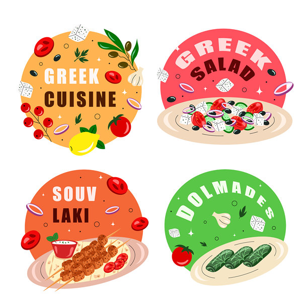 希腊美食贴纸套装，食物，菜肴。帕斯提奇奥，穆萨卡，葡萄叶包饭，烤肉串，炖牛肉，填充蔬菜，希腊沙拉。矢量插图图片下载