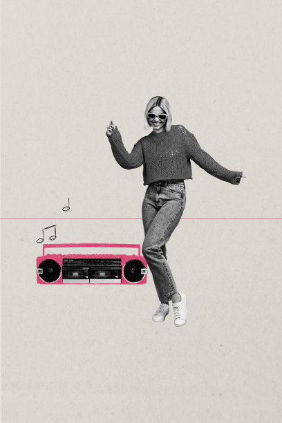 年轻女性在舞会派对上跳舞，背景是音响播放器和手绘图案的竖版照片拼贴。图片下载