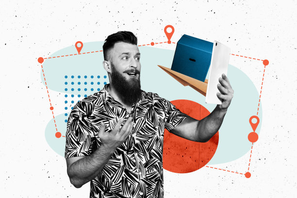 快乐的男人手持平板、纸飞机、邮政快递服务和纸箱的合成照片拼贴，背景为涂鸦风格。图片下载