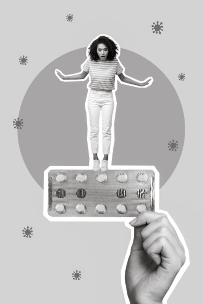 创意照片3D拼贴艺术明信片海报，描绘了一位担心、紧张的女孩，害怕感染新冠病毒，孤立在绘画背景中。图片下载