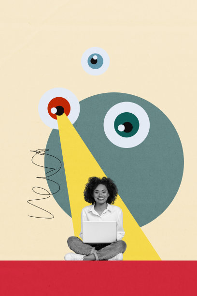 趋势艺术作品横幅照片拼贴，年轻女士坐着，手持笔记本电脑，黑客监控设备，在线互联网远程安全图片下载