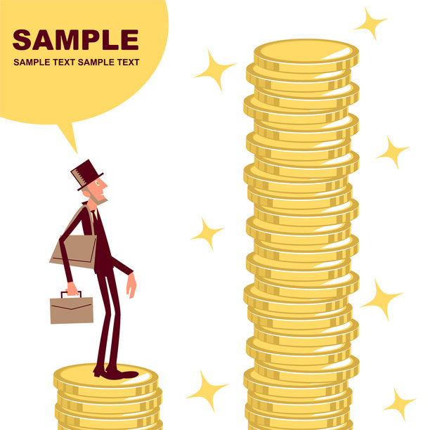 商人戴着大礼帽和公文包站在一堆金币(钱)和看着更高的图片下载