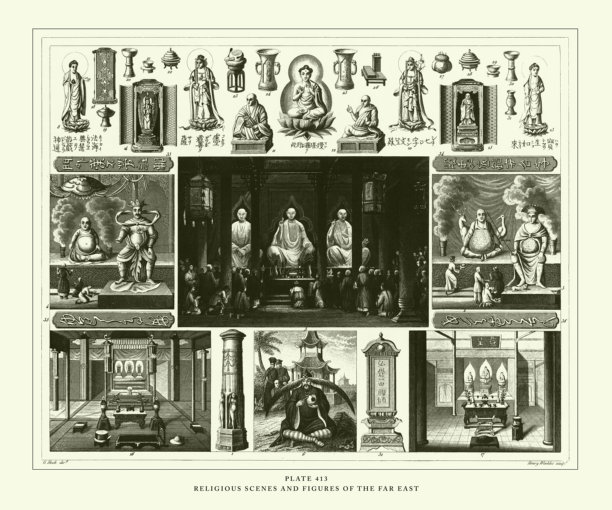 雕刻古董、宗教场景和远东雕刻古董插图，1851年出版图片下载