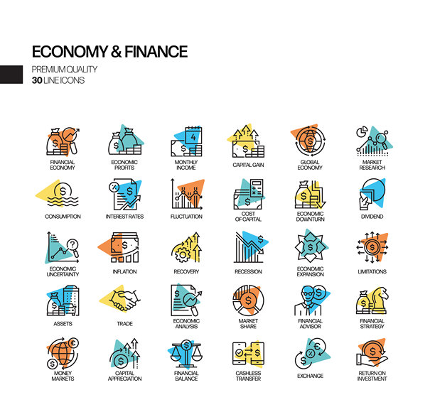 经济和金融相关的聚光灯矢量线图标的简单设置。大纲符号集合图片下载