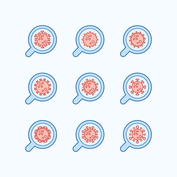 冠状病毒细胞和放大镜图标，COVID-19概念图片下载