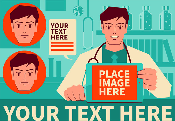 英俊的东亚种族医生展示了一个数字平板电脑，并给你一个建议，有三个情感的脸设计图片下载