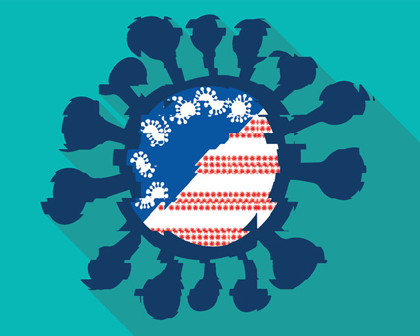 一个小故障的Covid-19病毒图标，外附星条形图案图片下载