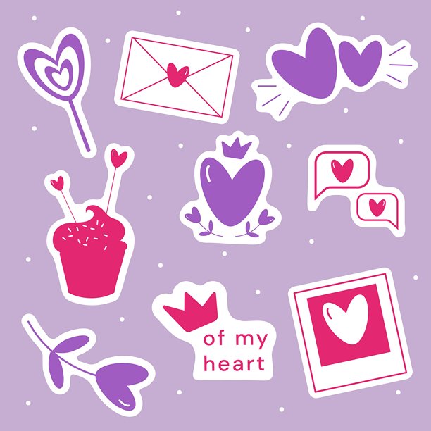 情人节贴纸矢量集，包含心形、皇冠、花朵、信件、棒棒糖、照片卡、杯子蛋糕，以及“我心中的女王或国王”标题。矢量平面插图。图片下载